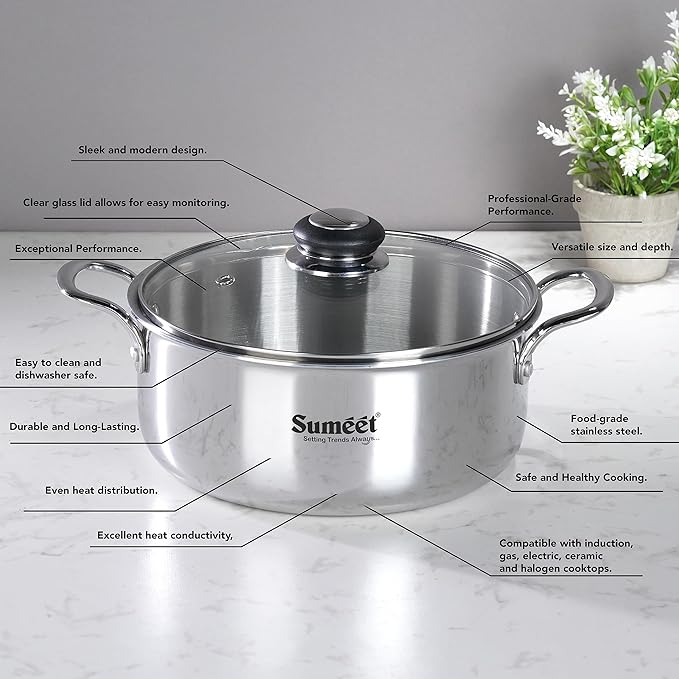 Sumeet Cook Smart TriPly Steel Aluminium Steel 3 Layers Pot Glass Lid- 3.75Ltr 22Cm Silver