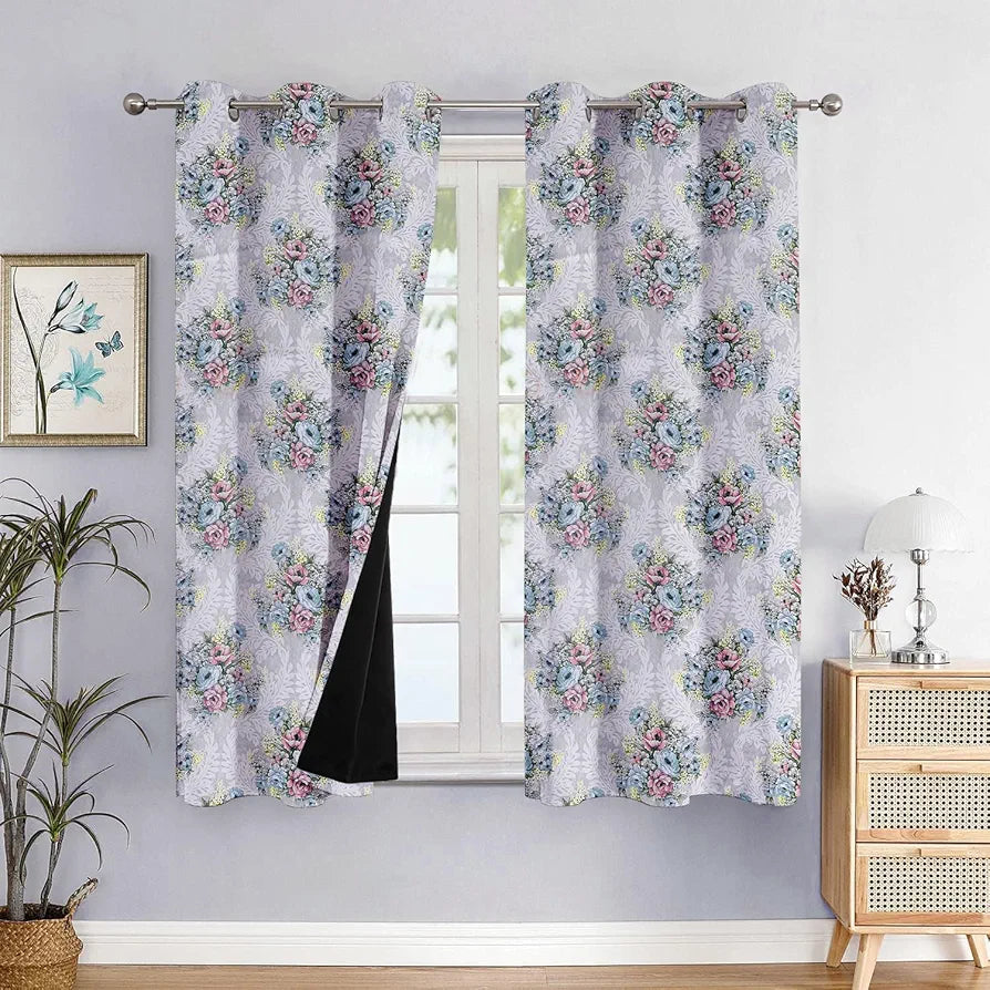 Cloth Fusion Blackout Printed Premium Window Curtains 5 Feet Long Set of 2 Ivory Bouquet