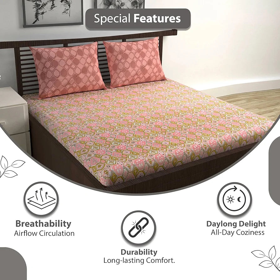 Divine Casa 144 TC Pure Cotton Double Bedsheet with 2 Pillow Covers Geo Nordic Hexa Colour Mustard Rose Pink