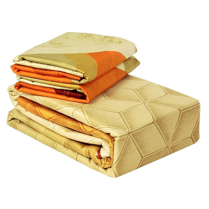 Story@Home Tevel Collection King Size Bedsheet Cotton with Two Pillow Covers, Mustard and Brown Colour