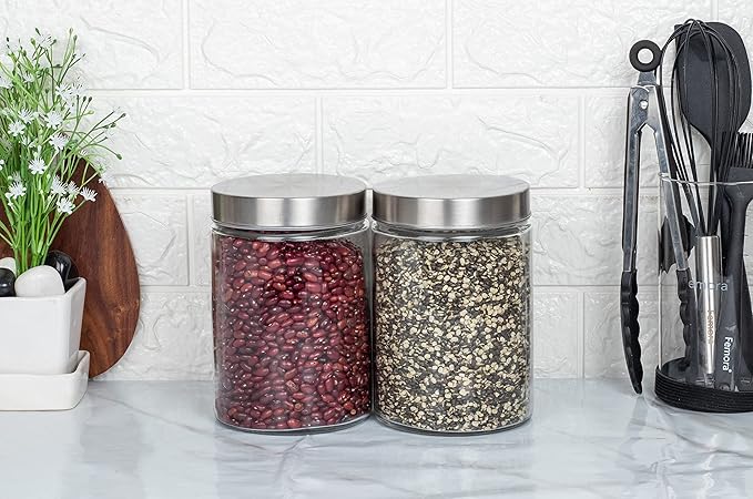 Femora Kitchen Storage Jars Borosilicate Glass With Steel Lid Air Tight Kitchen Jar and Container | 1100 Ml | Pack of 2