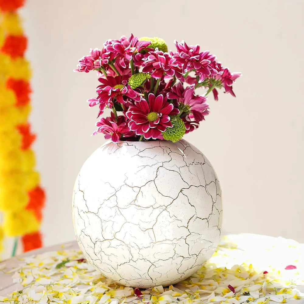 Behoma Metal Ball Vase for Home Decor Off-White Crackled Medium Flowers not Included