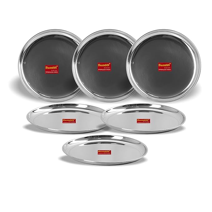 Sumeet Stainless Steel Heavy Gauge Shallow Salad Plates 31 cm Set of 6pc