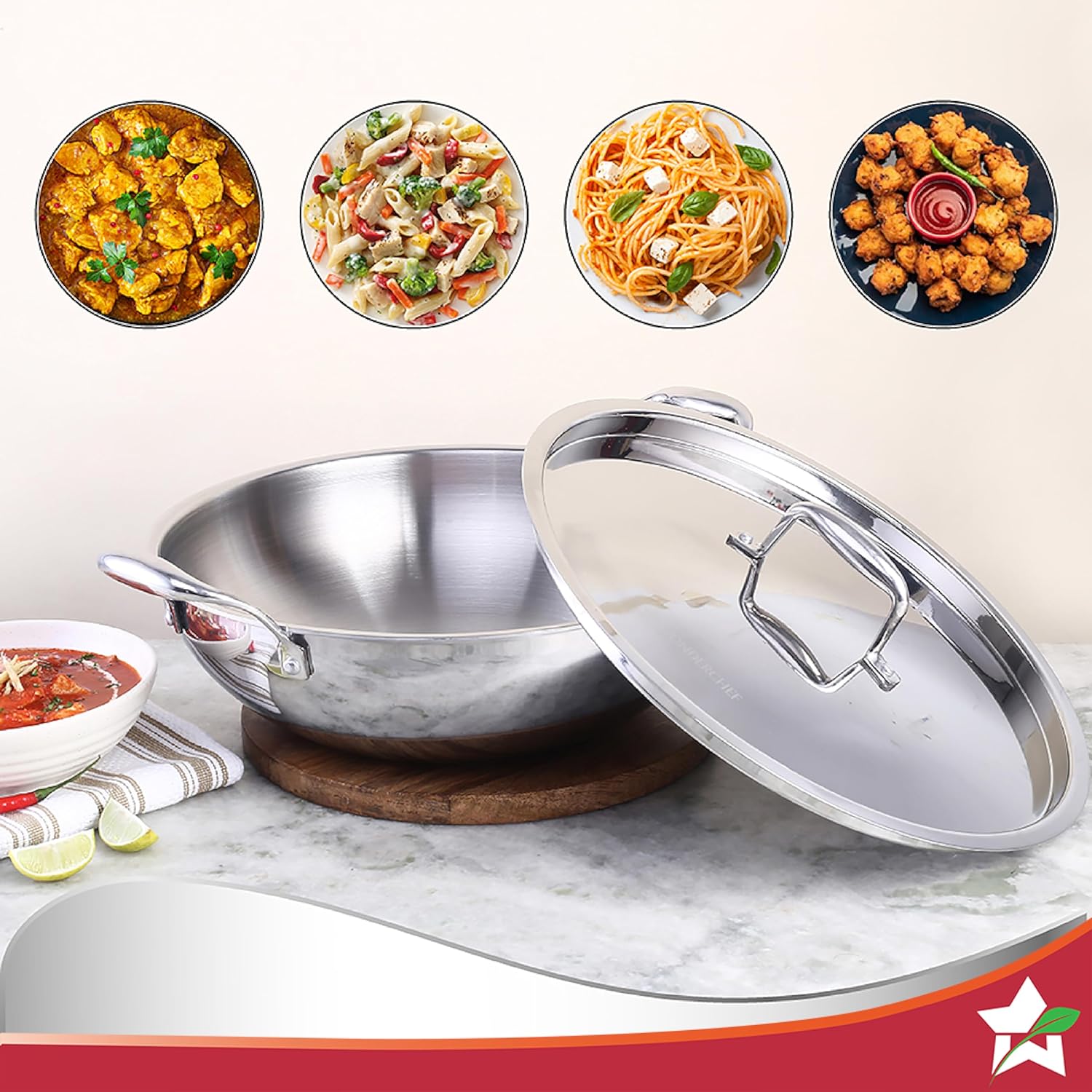 Wonderchef Nigella Tri-ply Stainless Steel 30 cm Kadhai with Lid