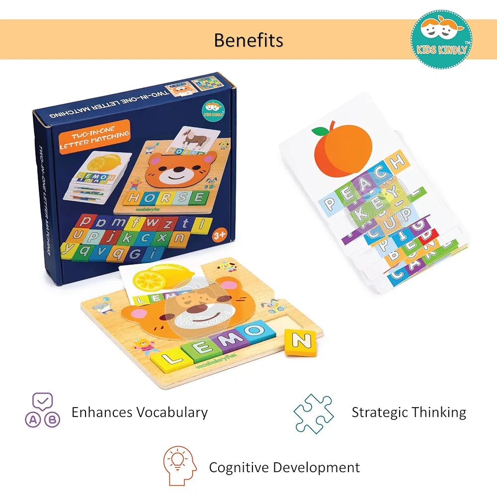 KIDS KINDLY Wooden 2 in 1 Spelling Puzzle Game for Kids Age 3+, Alphabet Learning Toy with Word Cards, Vocabulary Building and Matching Activity, Wooden Educational Games for 3 to 5 Years Boys & Girls