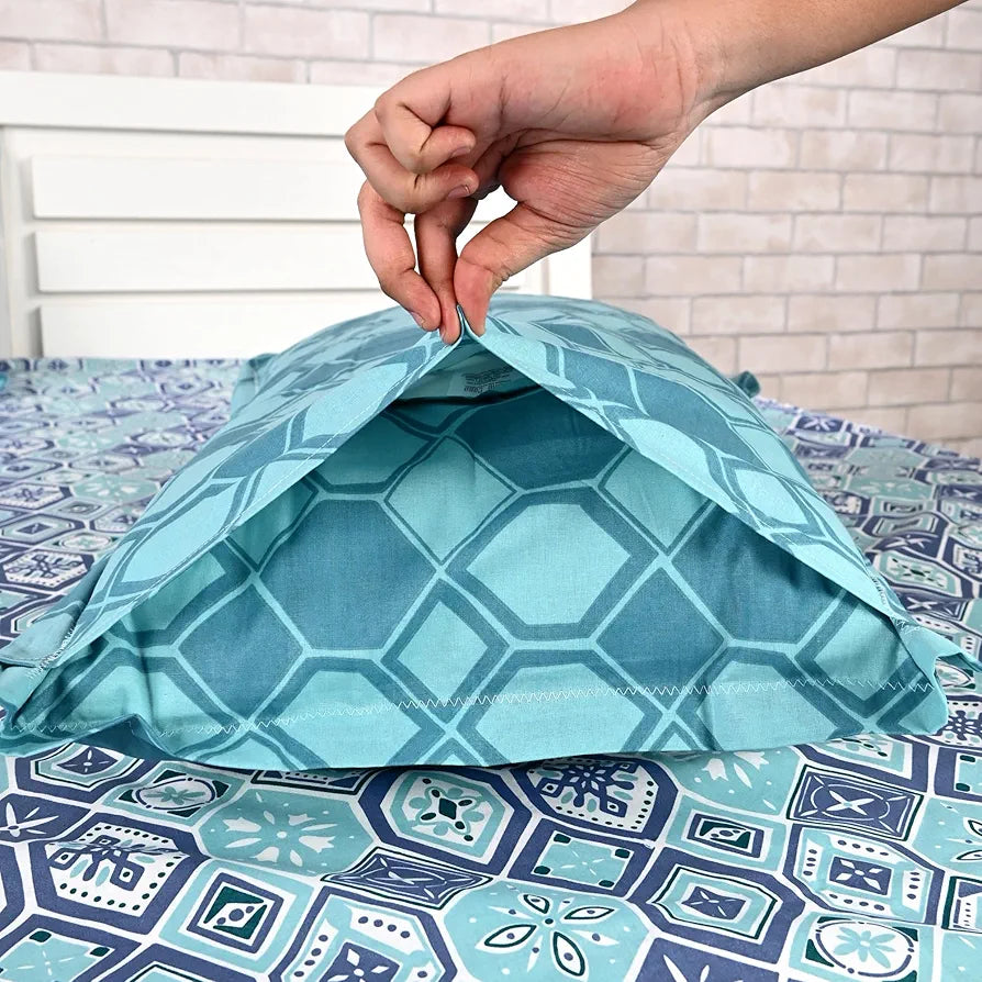 Divine Casa 144 TC 100% Pure Cotton Double Bedsheet with 2 Pillow Covers Geo Nordic Hexa Colour Ice Aqua Blue