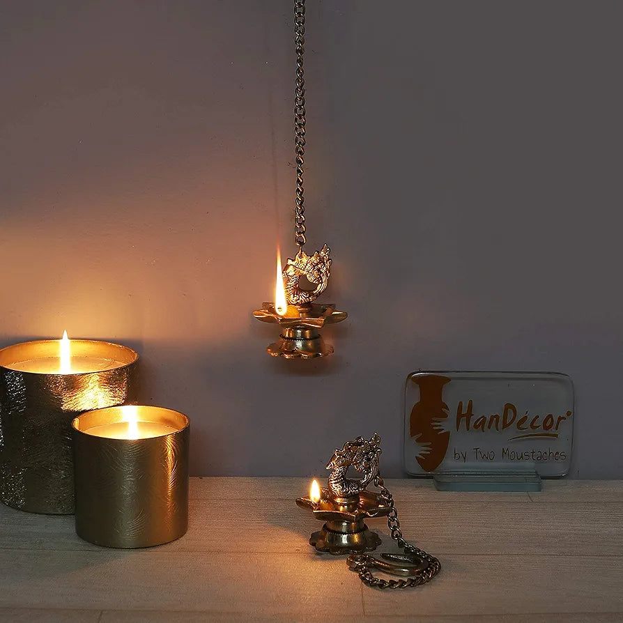 Two Moustaches Brass Peacock Carved Hanging Diya Set Antique Yellow -Pack of 2