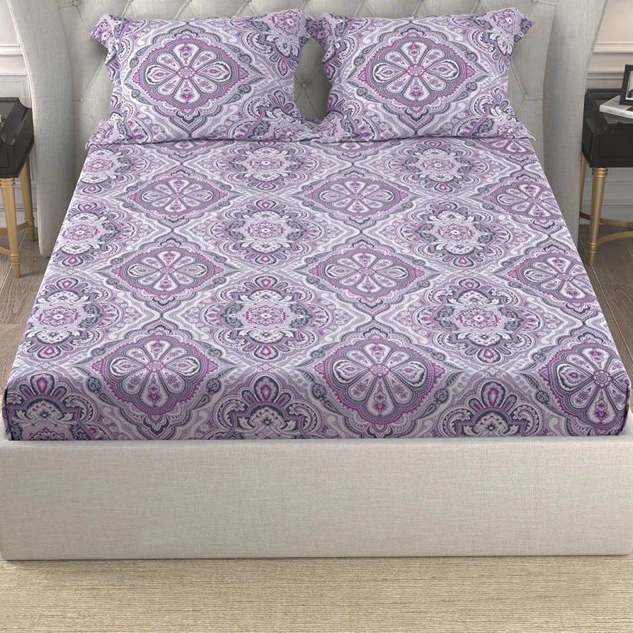 Cloth Fusion Glace Cotton Bed Sheet King Size Bed with 2 Pillow Covers 150 TC Floral Bedsheet Mauve Mandalas Colour