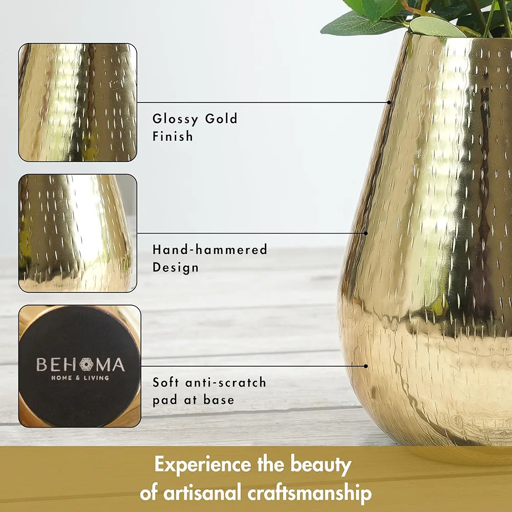 Behoma Drop Shape Metal Hammered Flower Vase Golden 2 Pcs Flowers not Included