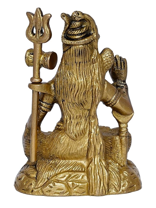 Ecraftindia Golden Brass Handcrafted Blessing Lord Shiva Statue With Trishul, Damru | Hindu God Idol for Puja Room