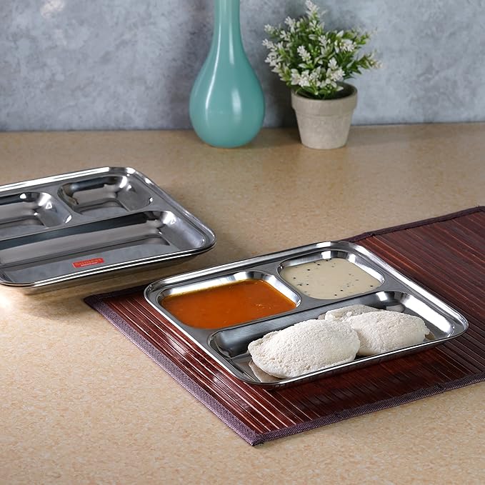 Sumeet Stainless Steel 3 in 1 Compartment plate Set of 3Pcs 24.5 cm Silver