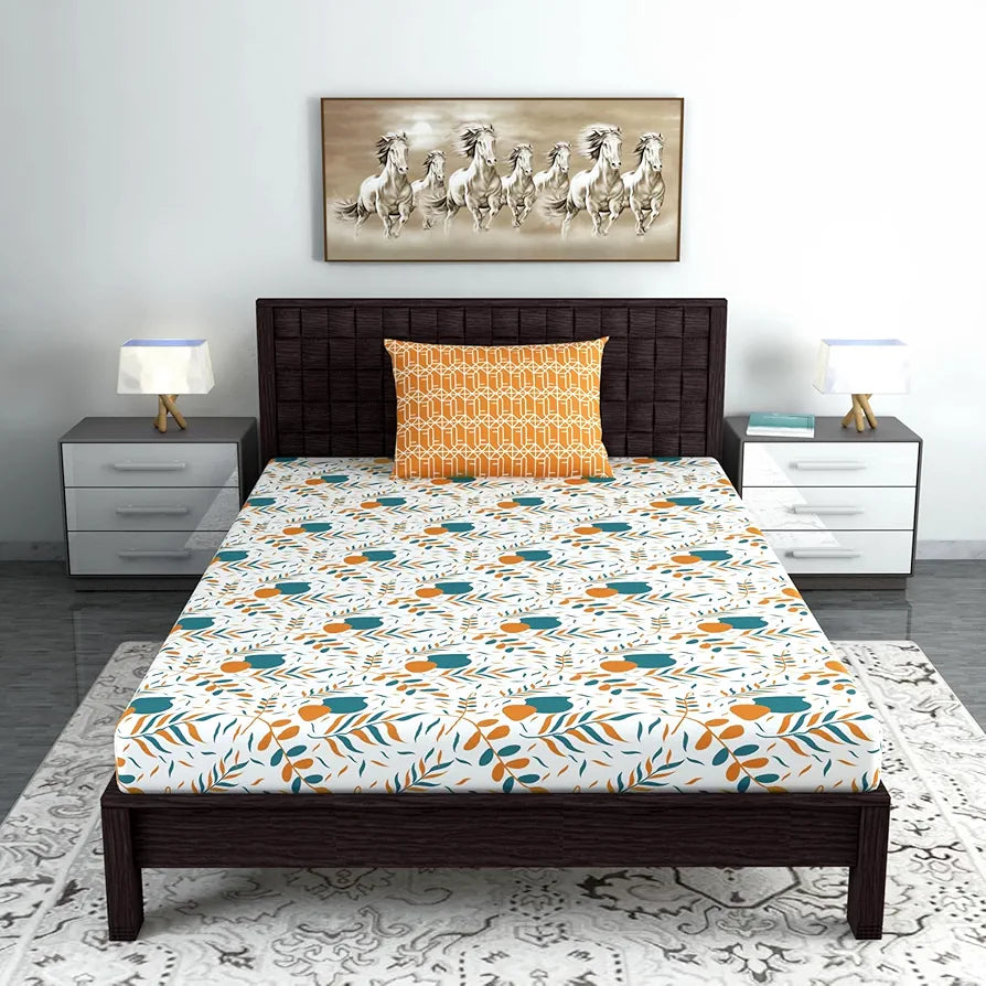 Divine Casa 144 TC Cotton Bedsheet for Single Bed with 1 Pillow Cover Colour Teal Mustard