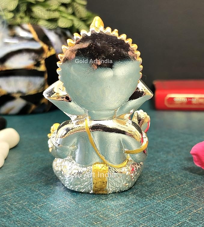 Gold Art India Silver Plated Ganesha Idol for car Dashboard Office & Home
