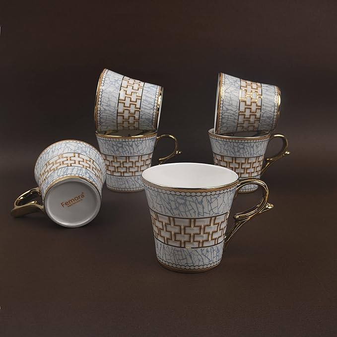 Femora Blue Craze Pattern on Golden Mugs, Ceramic Tea Cups, Coffee Mugs | 160 Ml | Golden | 6 Pcs Set | Not Microwave Safe