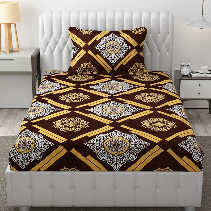 Fresh From Loom Single Bedsheet for Single Bed Floral Design Bed Spread with 1 Pillow Covers 144 TC Dark Brown