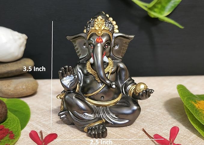 Gold Art India Gaddi Ganesha Idol Magnet Color with Golden Jewelry Perfect for Car Dashboards