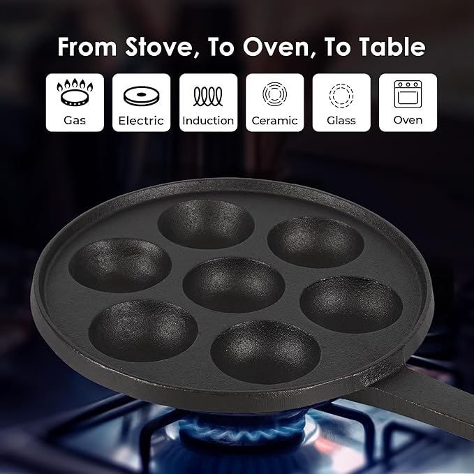 Solara Crownstone Premium Cast Iron Paniyaram Pan 7 Cavities, 20 Cm Appam Patra With Handle | Cast Iron Cookware