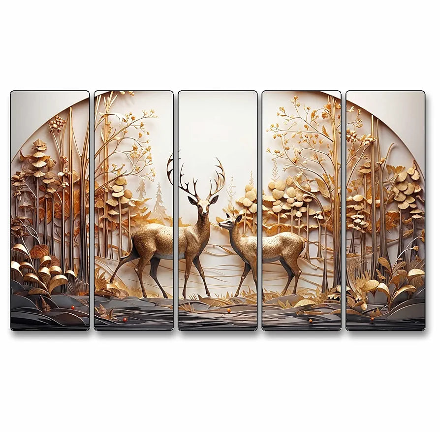 Livin'luxe Set of 5 Couple Deer with Vastu Money Tree Wall Painting Xl35371