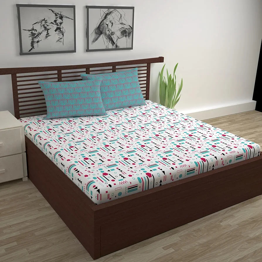 Divine Casa 144 TC Super Soft Cotton Bedsheet for Double Bed  144 Thread Count Abstract Colour Red Teal & White