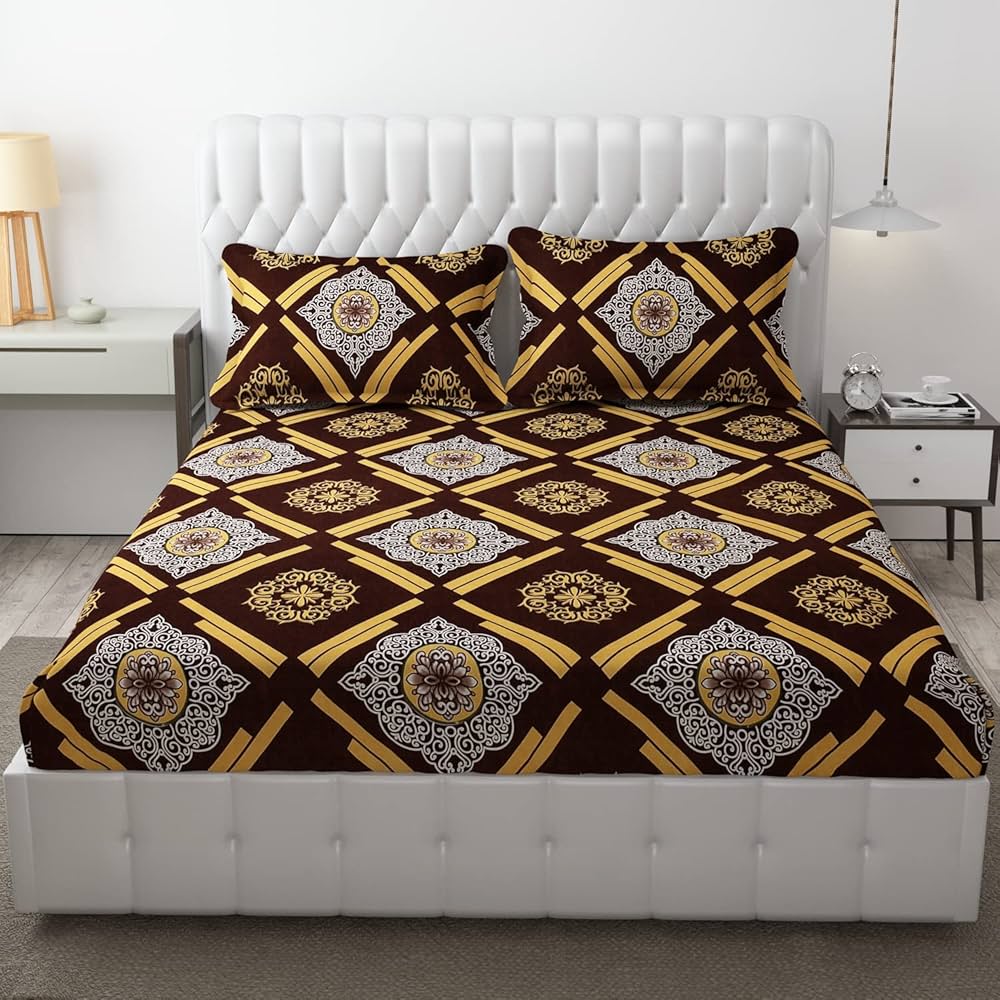 Fresh From Loom Elastic Fitted Floral Bed Sheets King Size Bed With Two Pillow Cover Soft Microfiber Bed Covers 144 Tc Dark Brown