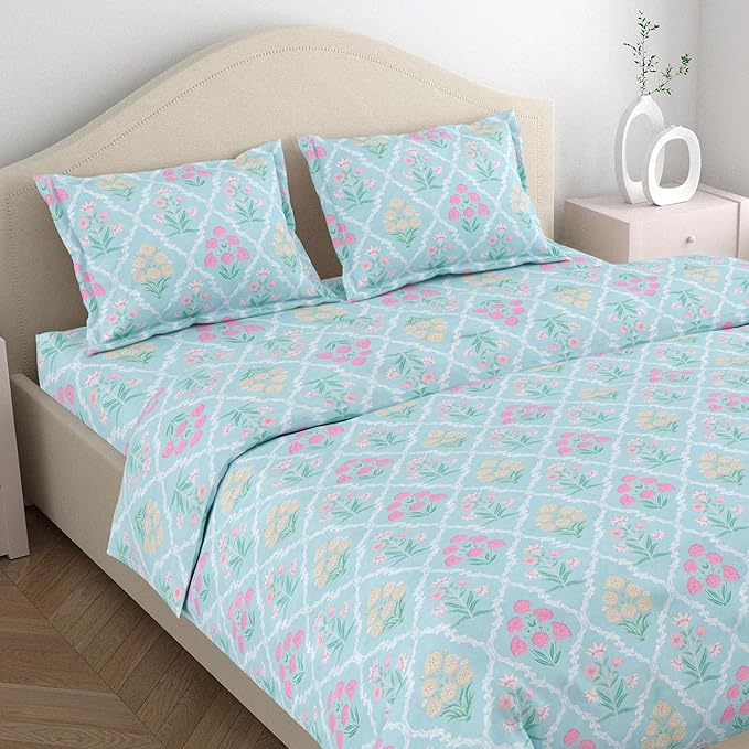 Haus & kinder Cotton Queen Size Bedsheet for Double Bed 90 X 100 Inches) with 2 Pillow Covers | 186 TC |Blue Floral Geometry