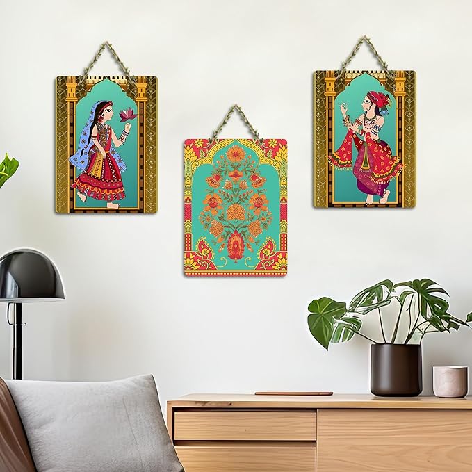 Artvibes Rajasthani Art Wooden Wall Hanging Decoration Item for Home | Set of 3