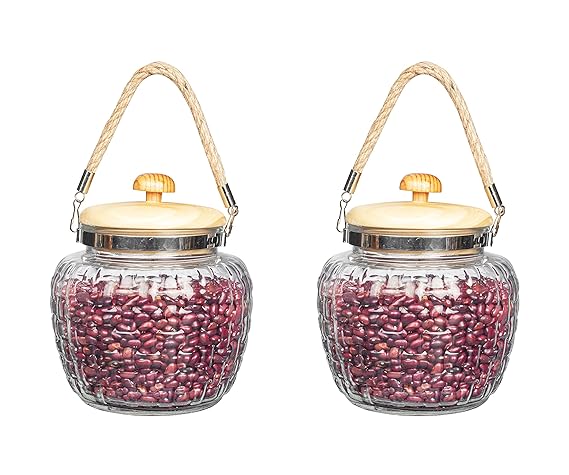 Femora Kitchen Storage Jars Embossed Glass Jar With Wooden Lid & Jute Chain Air Tight Jar | 1500 Ml | Pack of 2
