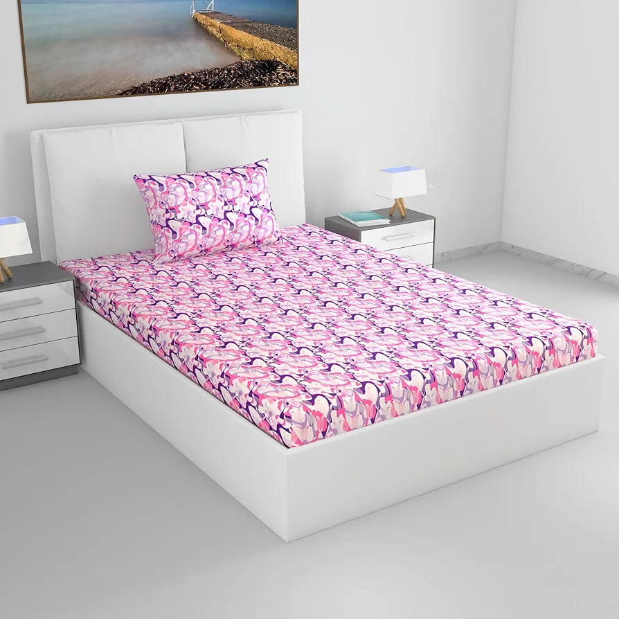 Divine Casa 144 TC 100% Pure Cotton Single Bed Bedsheet with 1 Pillow Cover Orchid Bloom Print Colour Purple Pink