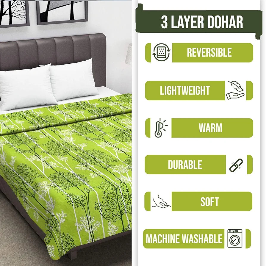 Divine Casa Glace Cotton 120 GSM Reversible Lightweight Printed Double Bed AC Dohar Blanket Quilt Colour Green and Dark Green TC - 120