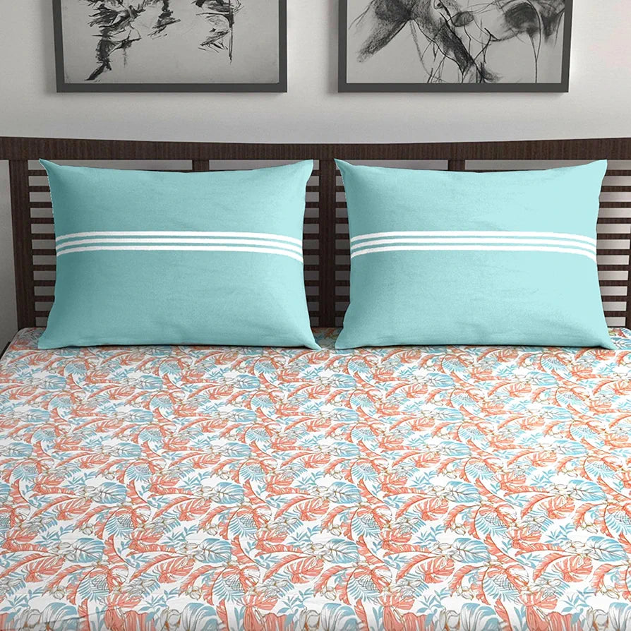 Divine Casa 144 TC 100% Pure Cotton Double Bed Bedsheet with 2 Pillow Covers Tropical Floral Colour Aqua Red