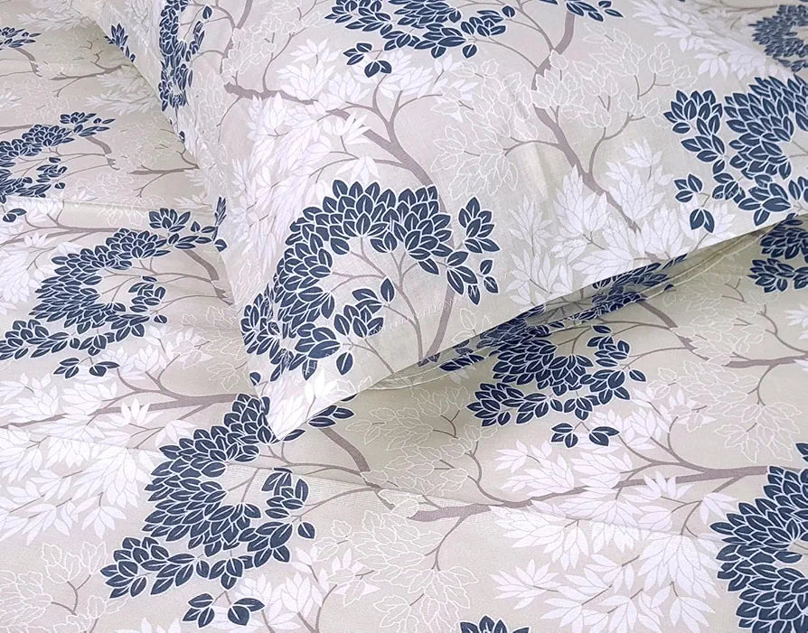 Divine Casa 144 TC 100% Cotton Double Bedsheet with 2 Pillow Covers Floral Pattern Colour Grey Blue
