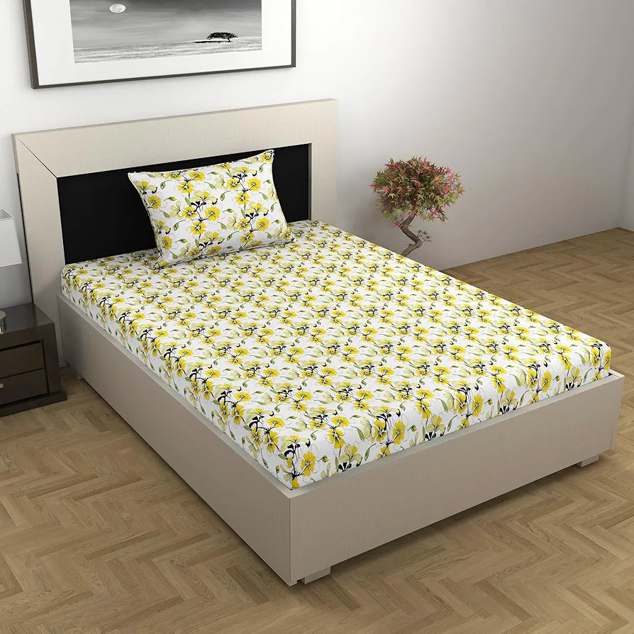 Divine Casa Bedsheet for Single Size Bed 144 TC Cotton Bedsheet for Single Size Bed with 1 Pillow Cover  Floral Colour Golden Daffodil