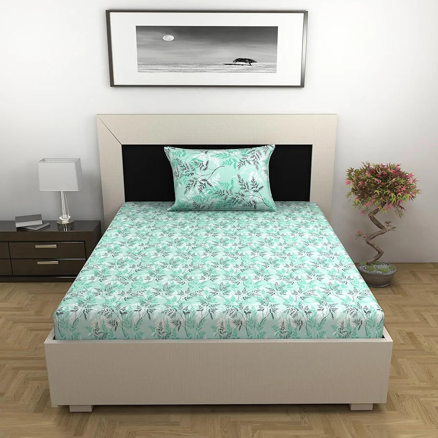 Divine Casa 100% Cotton Bedsheet for Single Bed, 144 TC Bedsheet Single Size Bed Cotton with 1 Pillow Cover Colour Aqua Mist