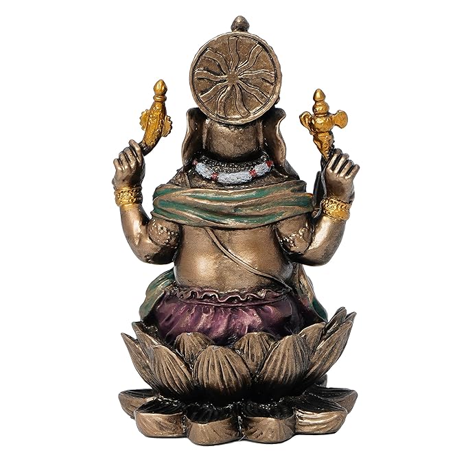 Ecraftindia Resin Bronze Chaturbhuj Lord Ganesha Idol Sitting on Lotus Flower | Ganesha Statue for Puja Room