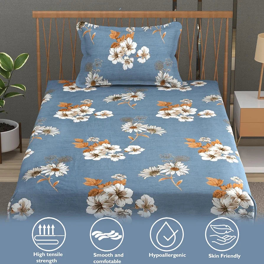 Fresh From Loom Floral Print Single Bed Bedsheet Set Microfiber 240 TC 1 Pillow Covers Soft-Cyan