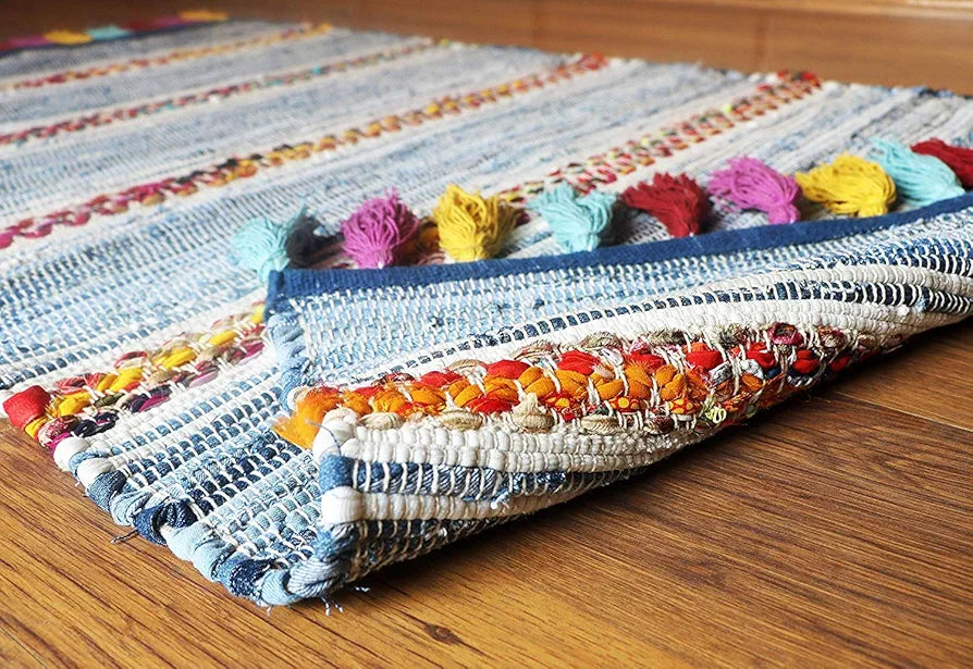 The Home Talk Cotton Chindi Rug Denim Carpets for Living Room Hallway Bedroom Denim Blue