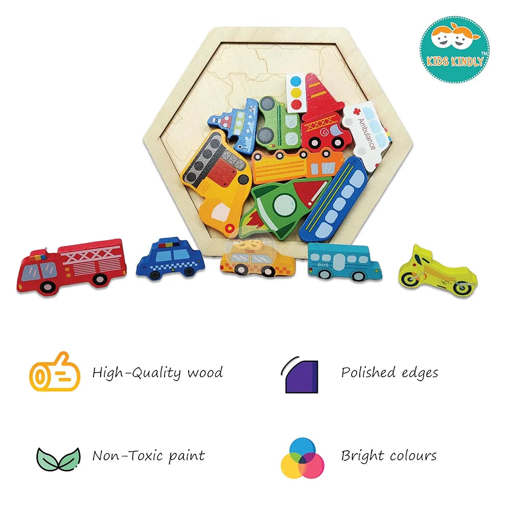 KIDS KINDLY Wooden Stacking & Sorting Puzzle – Vehicles/Transport Theme, Monteszori Toys, Jigsaw Puzzles, Wooden Toys for Kids, Age 3+