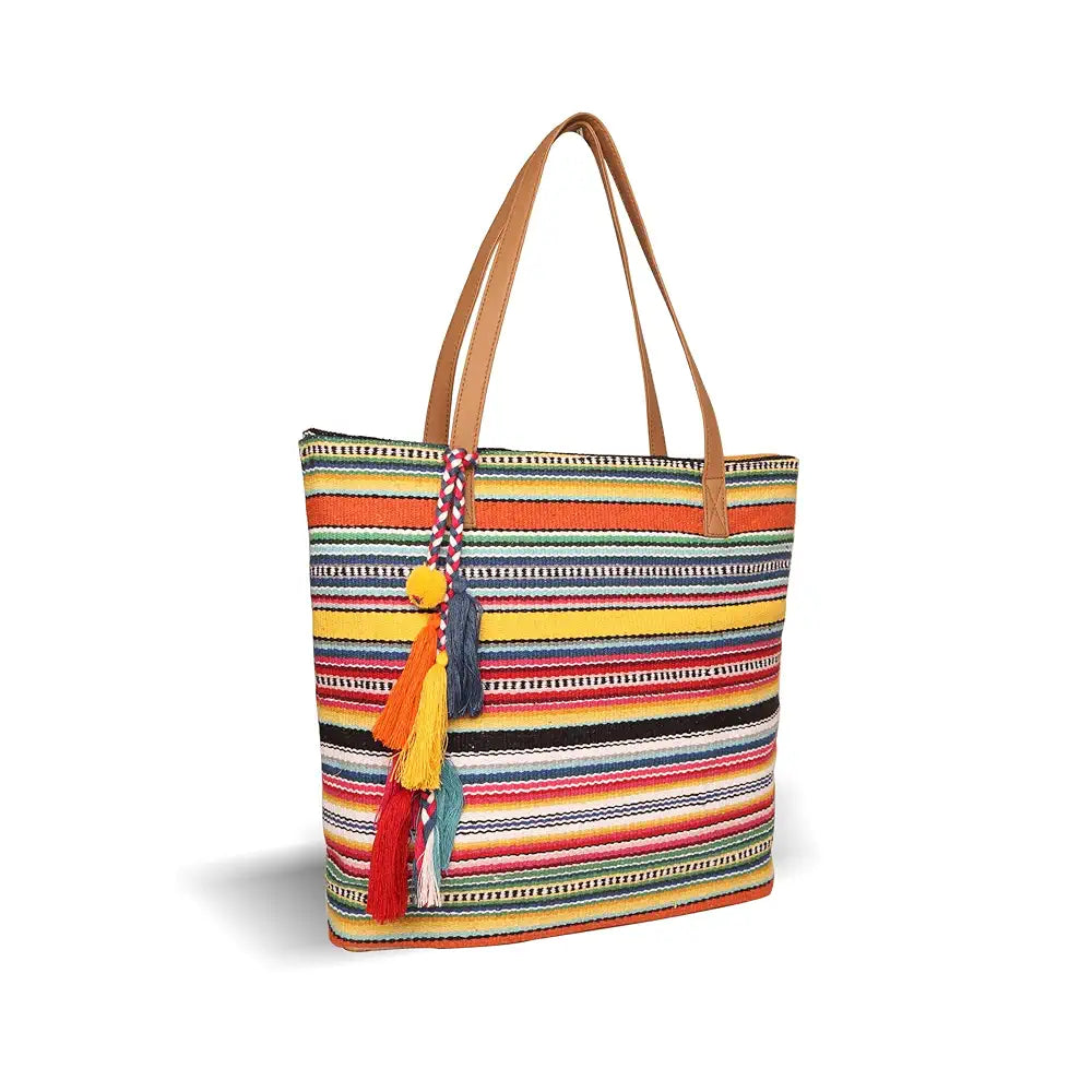 Astrid Women's Multicolor Cotton Tote Bag With Tassels