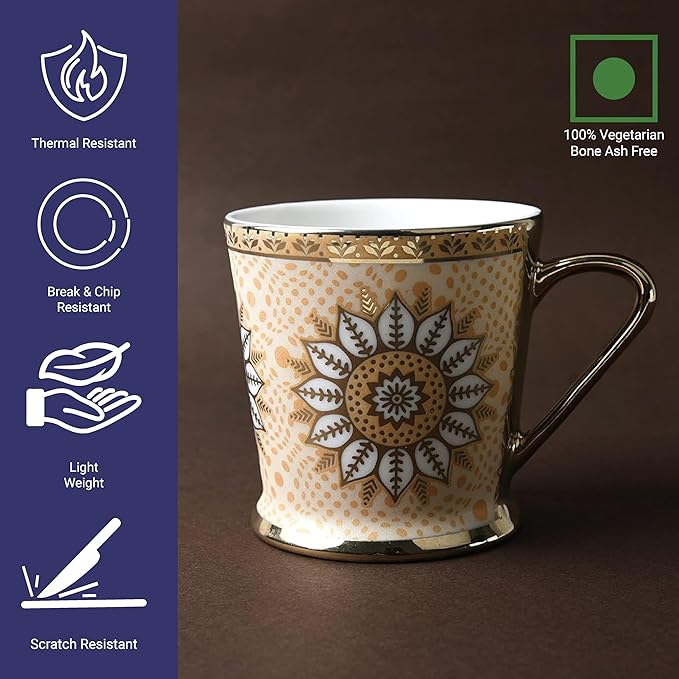 Femora Lotus Pattern With Golden Handle Golden Coffee Mugs | 180 Ml | Golden | 6 Pieces Set | Not Microwave Safe