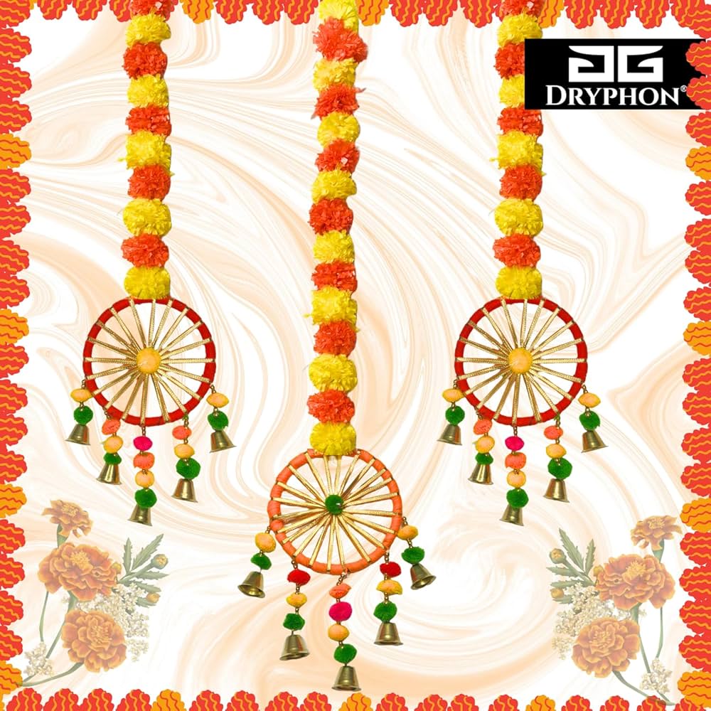 Artificial Marigold Flowers for Decoration with Pom Pom Ring Bell Hanging Garlands Yellow Orange