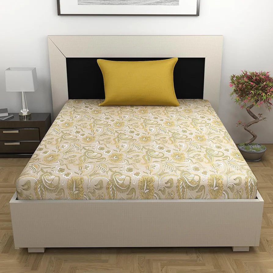 Divine Casa 144 TC Pure Cotton Single Size Bedsheet with 1 Pillow Cover Regal Paisley Colour Cream Golden Yellow