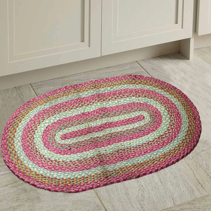 The Home Talk Oval Shape Handmade Cotton Carpets Braided Area Rugs Bedroom Pink