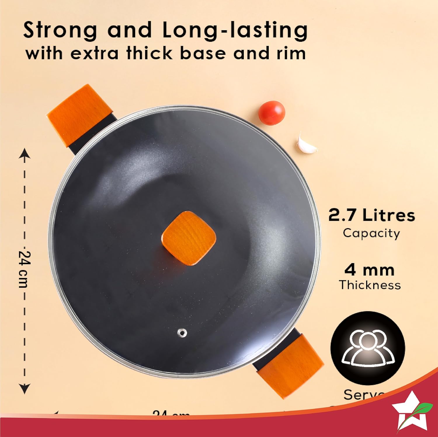 Wonderchef Caesar Forged Virgin Aluminium Kadhai With Glass Lid | 24cm | Black | Greblon C3 Non-stick Coating