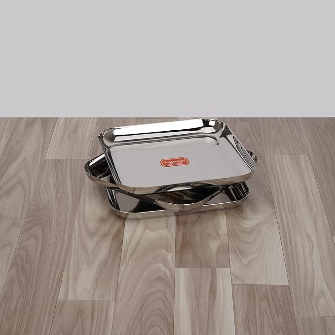 Sumeet Stainless Steel Medium Square Shape Plate Set of 3pcs 20cm Silver
