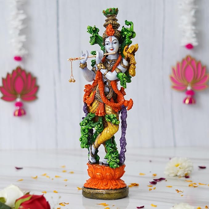 Ecraftindia Handcrafted Polyresin Colorful Standing Lord Krishna Idol Playing Flute Statue
