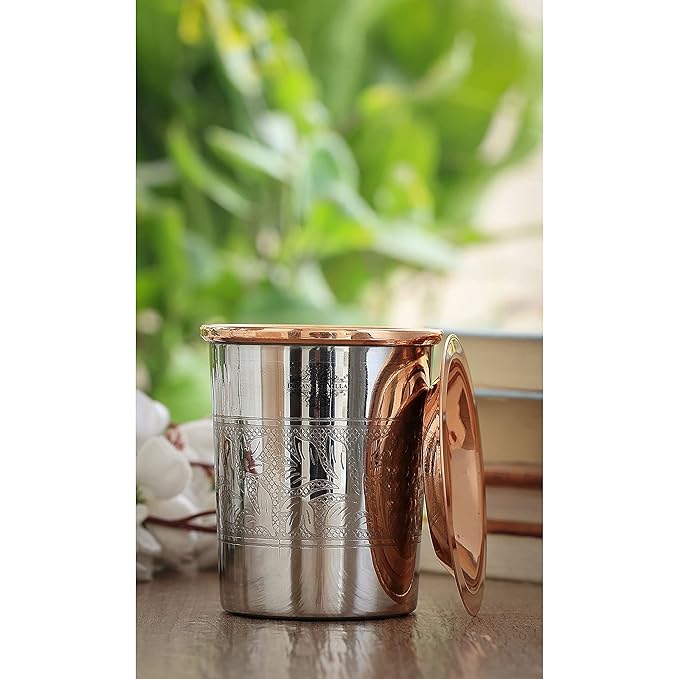 Indian Art Villa Embossed Design Steel Copper Glass Tumbler Cup Each - 130 gms