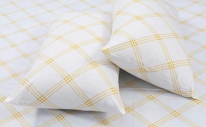 Huesland by Ahmedabad Cotton 186 TC Bedsheet for King Size Bed with 2 Pillow Covers | White (Yellow Pattern)