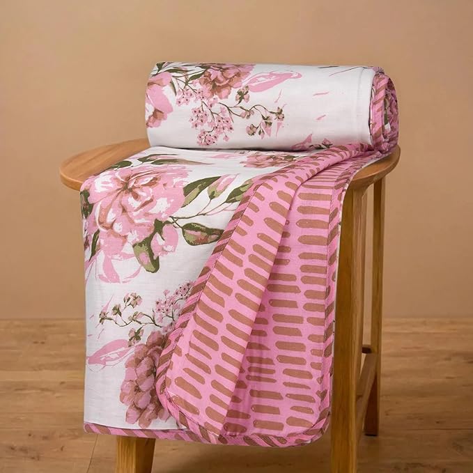 Huesland 100% Cotton Reversible Dohar Single Bed Cotton | Soft Cambric Weave, All Weather Light Ac Blanket | White, Pink & Green