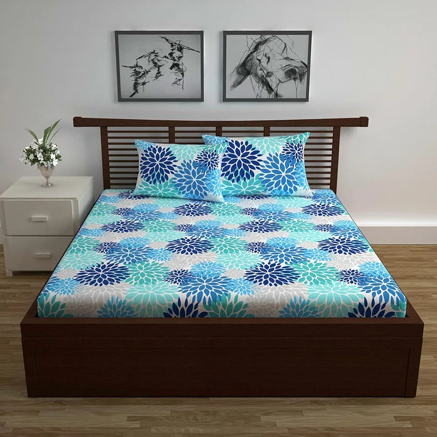 Divine Casa 144 TC 100% Cotton Double Bedsheet with 2 Pillow Covers Floral Pattern Colour Blue Aqua