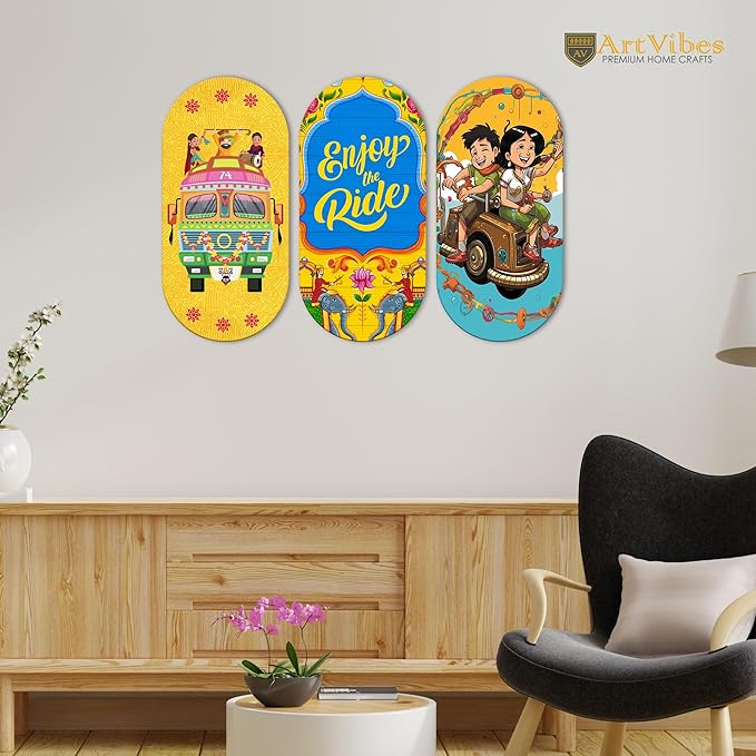 Artvibes Enjoy the Ride Travel Quote Wooden Wall Hanger for Home | Artworks | Set of 3